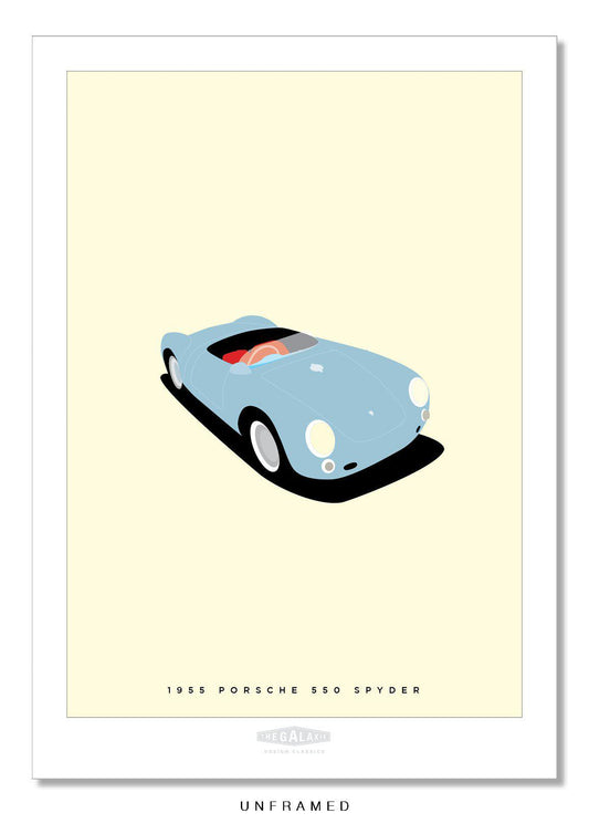 Classic hand drawn print of a grey blue 1955 Porsche 550 Spyder on a cream background.