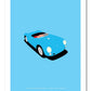 Classic hand drawn print of a blue 1955 Porsche 550 Spyder on an ice blue background.