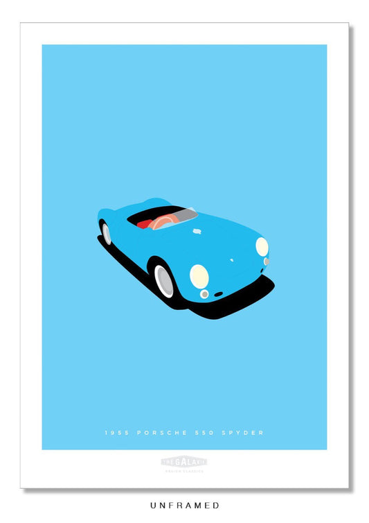 Classic hand drawn print of a blue 1955 Porsche 550 Spyder on an ice blue background.