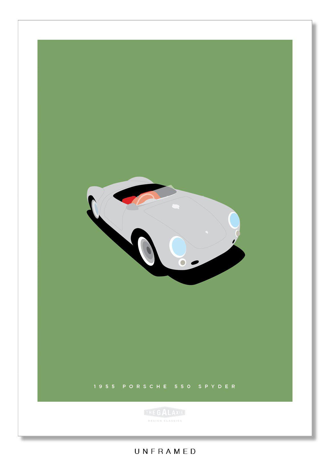 Classic hand drawn print of a silver 1955 Porsche 550 Spyder on a green background.