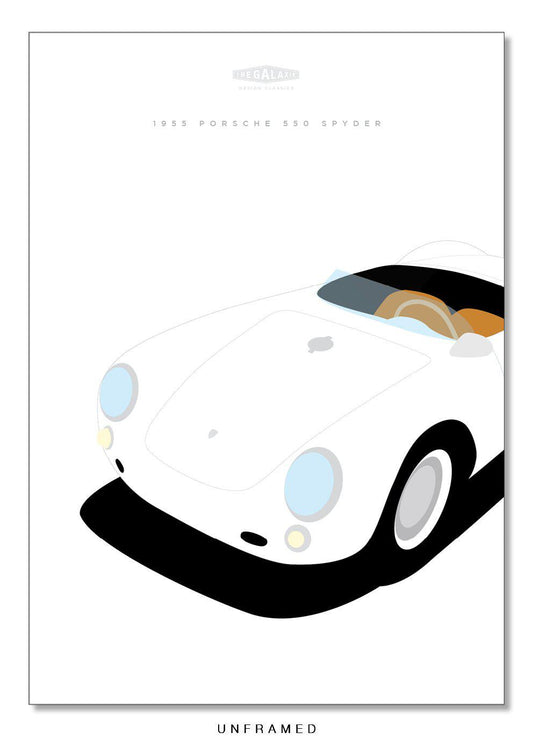 Classic hand drawn print of a white 1955 Porsche 550 Spyder on a white background.