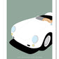 Classic hand drawn print of a white 1955 Porsche 550 Spyder on a green background.