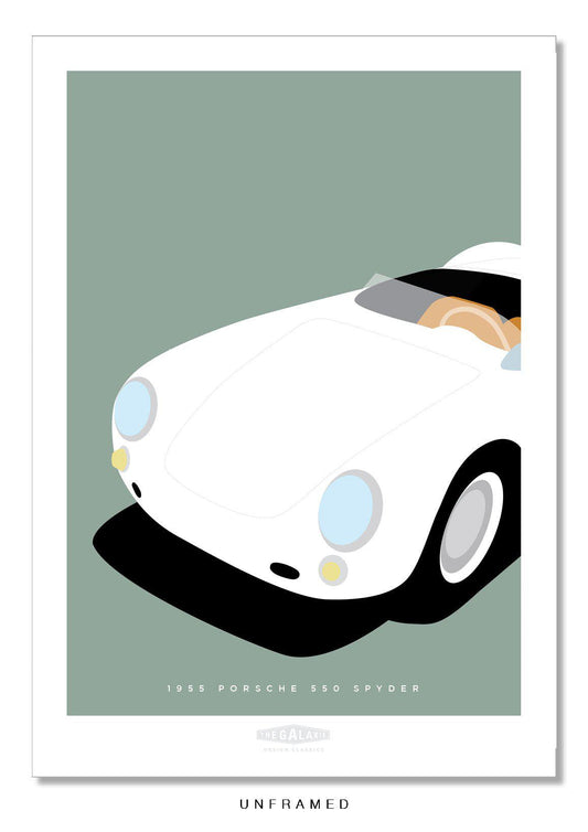 Classic hand drawn print of a white 1955 Porsche 550 Spyder on a green background.