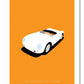 Classic hand drawn print of a white 1955 Porsche 550 Spyder on an orange background.