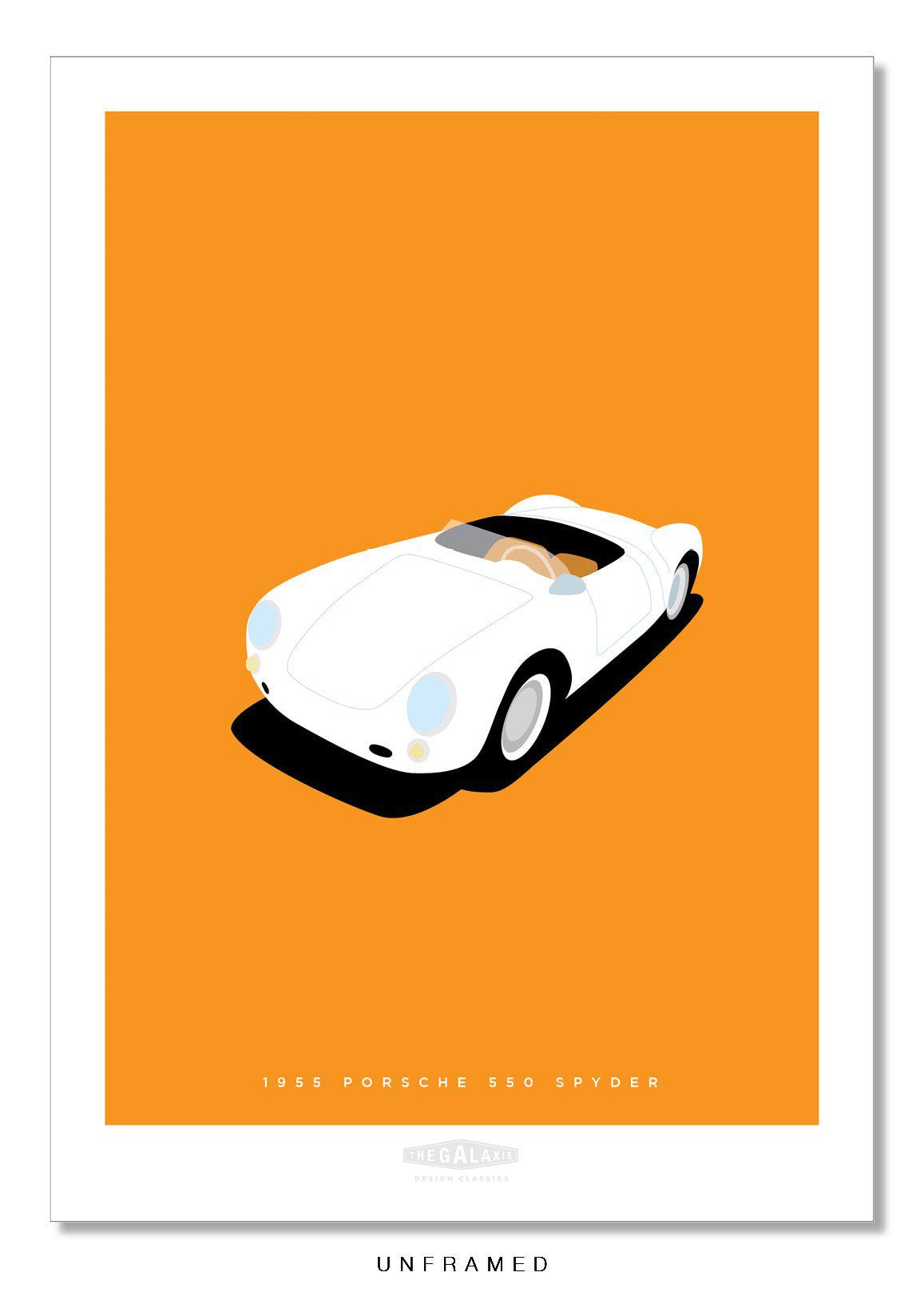 Classic hand drawn print of a white 1955 Porsche 550 Spyder on an orange background.