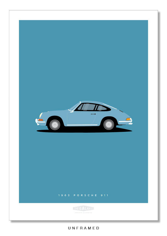 Classic hand drawn print of a blue 1963 Porsche 911 on a blue background.