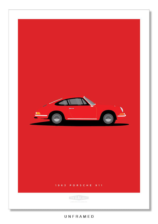 Classic hand drawn print of a red 1963 Porsche 911 on a red background.