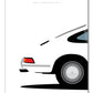 Classic hand drawn print of the rear quarter of a white 1963 Porsche 911 on a white background.