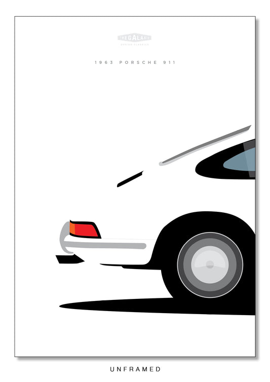 Classic hand drawn print of the rear quarter of a white 1963 Porsche 911 on a white background.