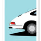 Classic hand drawn print of the rear quarter of a white 1963 Porsche 911 on a blue background.
