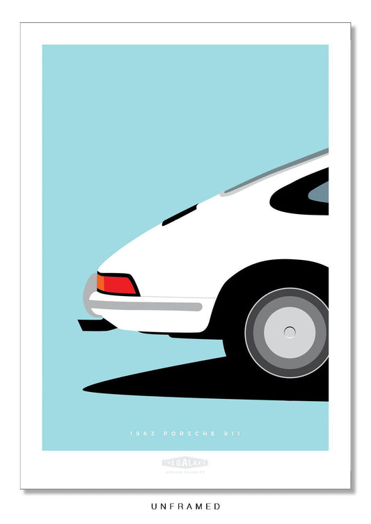 Classic hand drawn print of the rear quarter of a white 1963 Porsche 911 on a blue background.