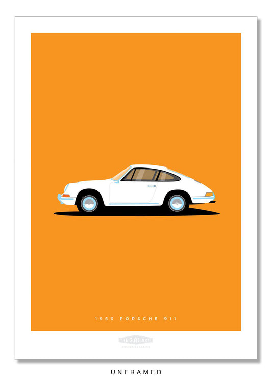 Classic hand drawn print of a white 1963 Porsche 911 on an orange background.