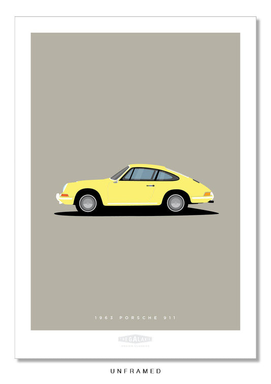 Classic hand drawn print of a yellow 1963 Porsche 911 on a light grey background.