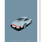 Stylish hand drawn print of a grey blue 1975 Porsche 911 Carrera on a grey blue background.
