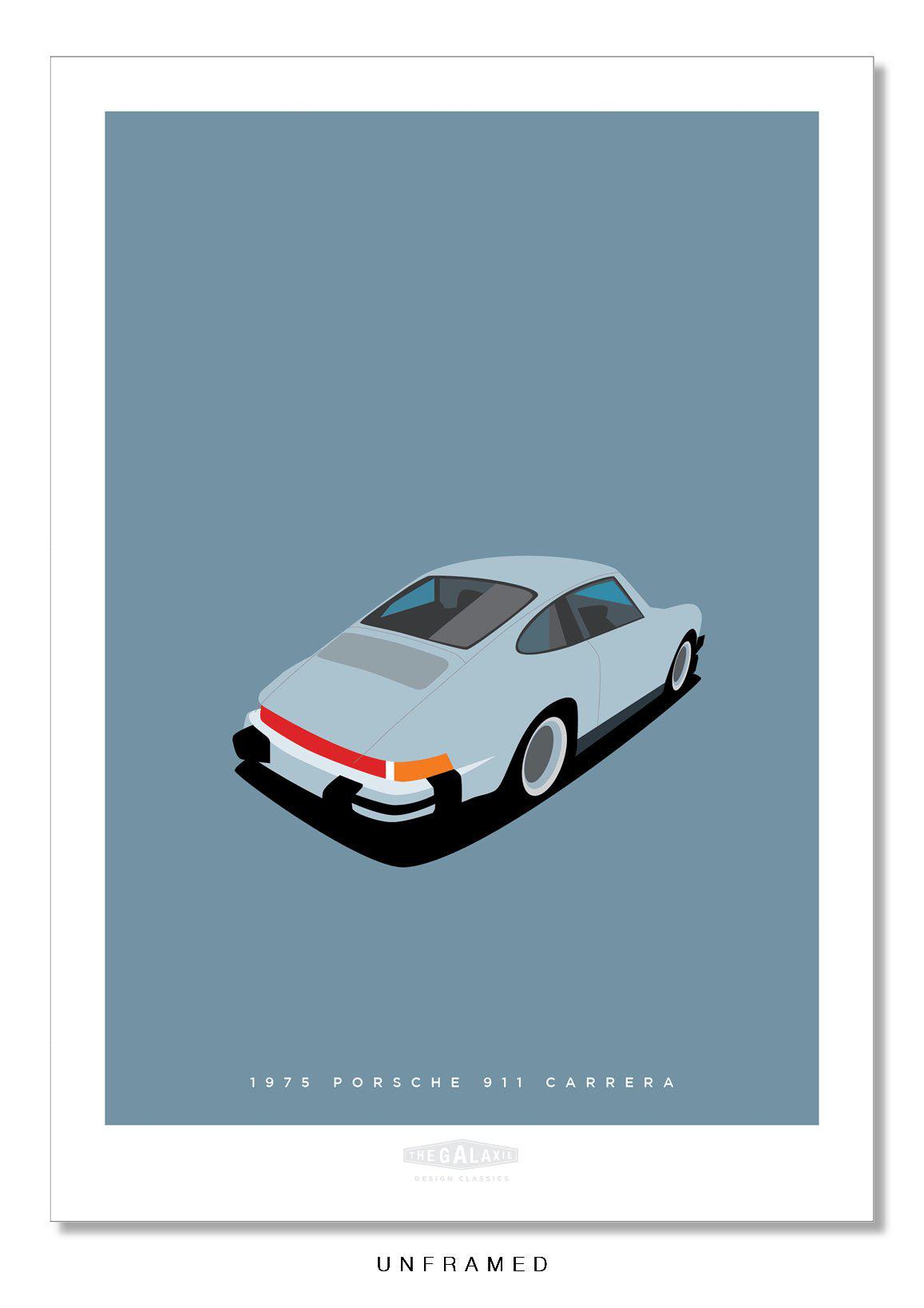 Stylish hand drawn print of a grey blue 1975 Porsche 911 Carrera on a grey blue background.