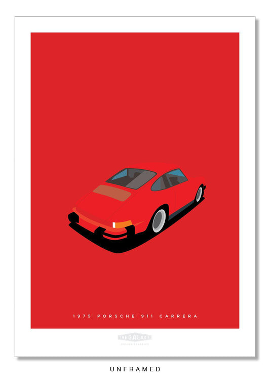 Stylish hand drawn print of a red 1975 Porsche 911 Carrera on a red background.