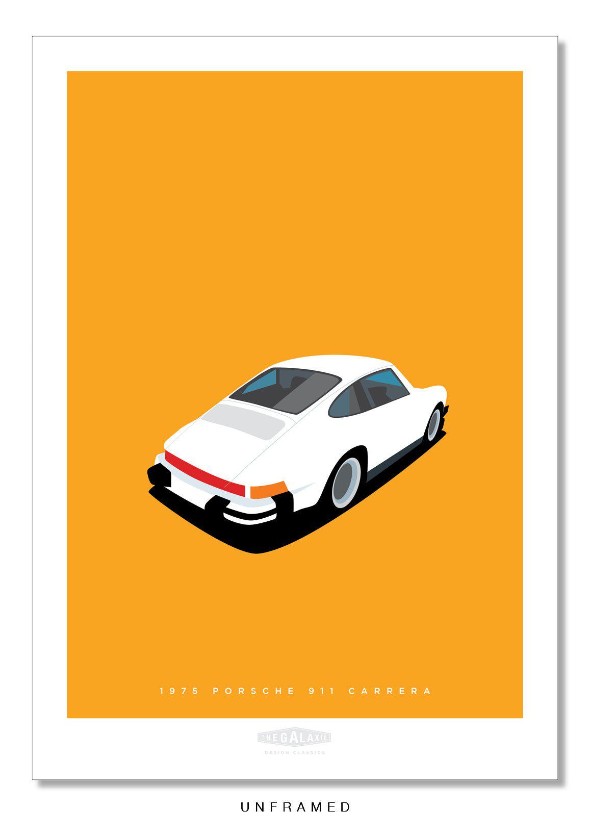 Stylish hand drawn print of a white 1975 Porsche 911 Carrera on an orange background.