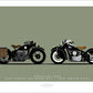 A hand drawn print of two classic American bikes - a black 1942 Harley Davidson WLA and a black 1940 Indian Chief, head to head on a green background.