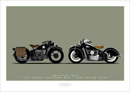 A hand drawn print of two classic American bikes - a black 1942 Harley Davidson WLA and a black 1940 Indian Chief, head to head on a green background.