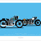 A hand drawn print of two classic 1939 British bikes - a blue BSA MS4 Gold Star and a silver Brough Superior on a sky blue background.