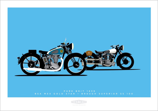 A hand drawn print of two classic 1939 British bikes - a blue BSA MS4 Gold Star and a silver Brough Superior on a sky blue background.