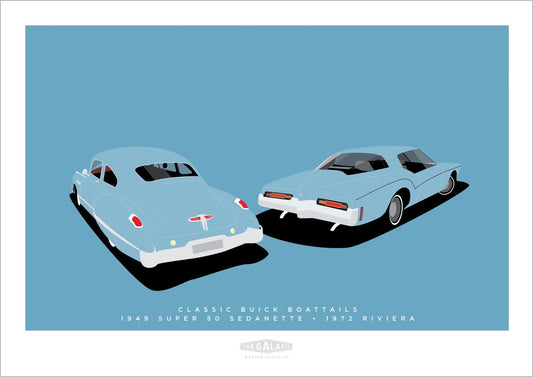 A beautiful hand drawn print of two classic Buicks - a blue 1949 Super 50 Sedanette and a Blue 1972 Riviera on a blue background.