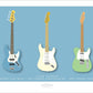 A beautiful hand drawn print of three classic Fenders - a blue 1973 Jazz Bass, a cream 1957 Stratocaster,  and a green 1963 Telecaster  on a blue background.