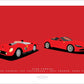 A beautiful hand drawn print of two classic red Ferraris - a 1956 250 Testarossa and a 2021 Roma 5169 on a red background.