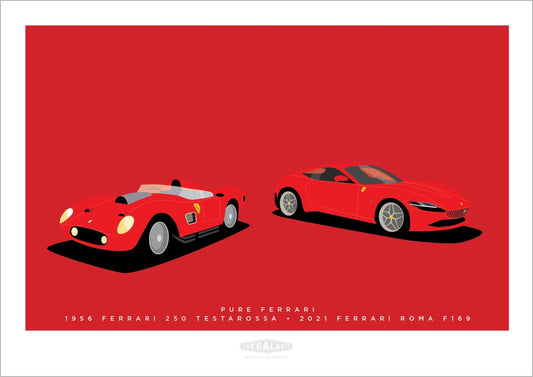 A beautiful hand drawn print of two classic red Ferraris - a 1956 250 Testarossa and a 2021 Roma 5169 on a red background.