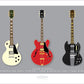 A beautiful hand drawn print of three classic Gibsons - a cream 1968 Gibson Les Paul Custom, a red 1966 Gibson ES 355, and a black 1962 Gibson SG on a grey background.