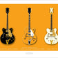 A beautiful hand drawn print of three classic Gretsch guitars - a black 1962 Country Gentleman, an orange 2004 G2420T Streamliner, and a 1964 White Falcon on an orange background.