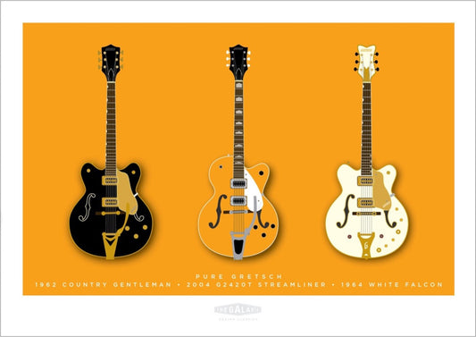 A beautiful hand drawn print of three classic Gretsch guitars - a black 1962 Country Gentleman, an orange 2004 G2420T Streamliner, and a 1964 White Falcon on an orange background.