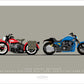A beautiful hand drawn print of two classic American bikes - a red 1942 Harley Davidson WLA and a blue 2001 Harley Davidson VSRC on a grey background.