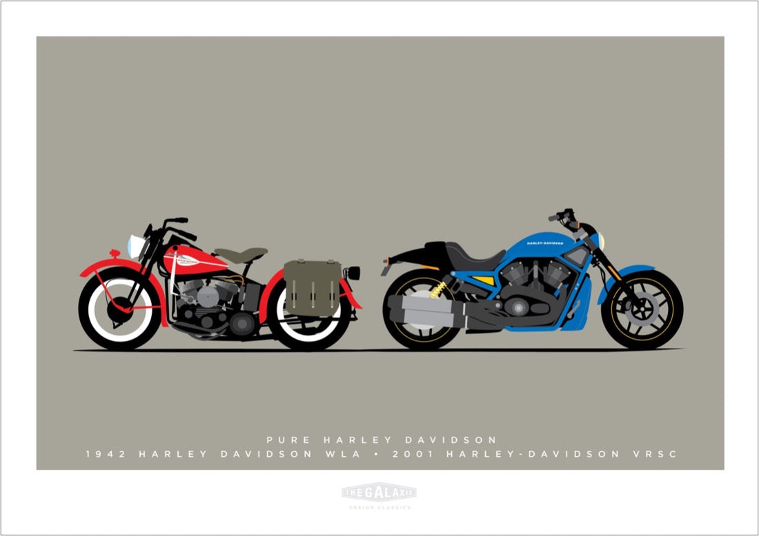 A beautiful hand drawn print of two classic American bikes - a red 1942 Harley Davidson WLA and a blue 2001 Harley Davidson VSRC on a grey background.