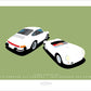 A beautiful hand drawn print of two white Porsches - a 1975 Porsche 911 Carrera and a white 1955 Porsche 550 Spyder on a green background.
