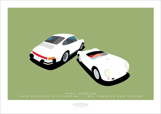 A beautiful hand drawn print of two white Porsches - a 1975 Porsche 911 Carrera and a white 1955 Porsche 550 Spyder on a green background.