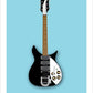 A beautiful hand drawn print of a cool black 1958 Rickenbacker 325 guitar on a blue background.