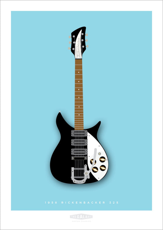 A beautiful hand drawn print of a cool black 1958 Rickenbacker 325 guitar on a blue background.