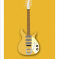 A beautiful hand drawn print of a cool deep yellow 1958 Rickenbacker 325 guitar on a yellow background.