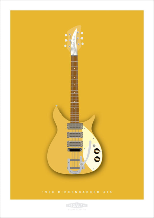 A beautiful hand drawn print of a cool deep yellow 1958 Rickenbacker 325 guitar on a yellow background.