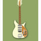 A beautiful hand drawn print of a cool cream 1958 Rickenbacker 325 guitar on a green background.