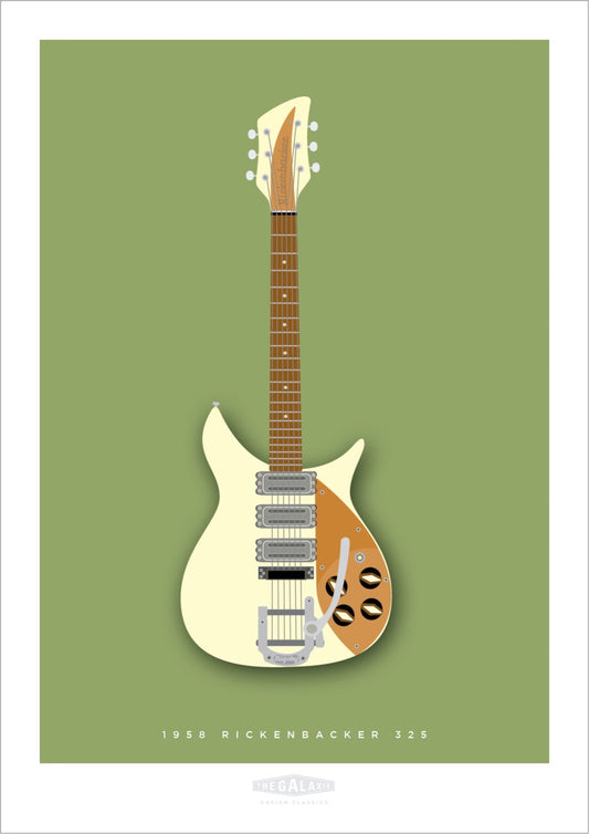A beautiful hand drawn print of a cool cream 1958 Rickenbacker 325 guitar on a green background.