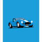 A beautiful hand drawn print of a classic blue 1966 Shelby Cobra Roadster on a blue background.