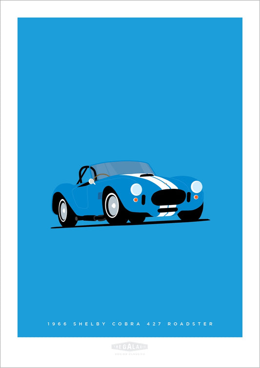 A beautiful hand drawn print of a classic blue 1966 Shelby Cobra Roadster on a blue background.