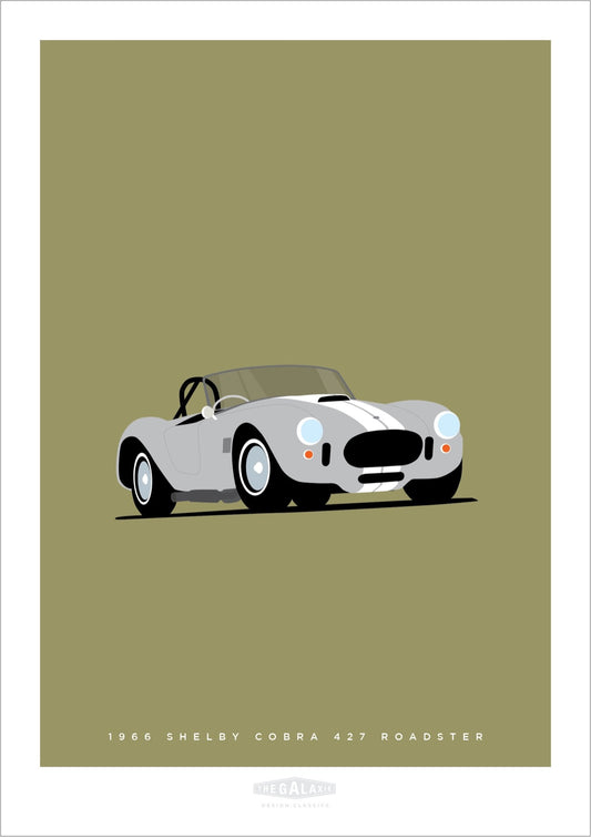 A beautiful hand drawn print of a classic silver 1966 Shelby Cobra Roadster on a green background.