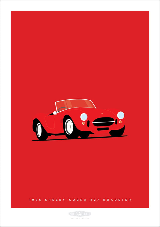 A beautiful hand drawn print of a classic red 1966 Shelby Cobra Roadster on a red background.
