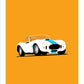 A beautiful hand drawn print of a classic white and blue 1966 Shelby Cobra Roadster on an orange background.