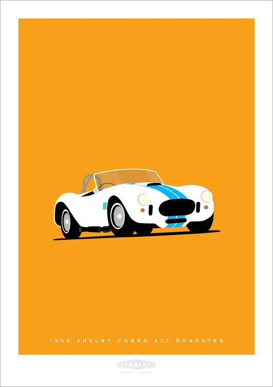 A beautiful hand drawn print of a classic white and blue 1966 Shelby Cobra Roadster on an orange background.