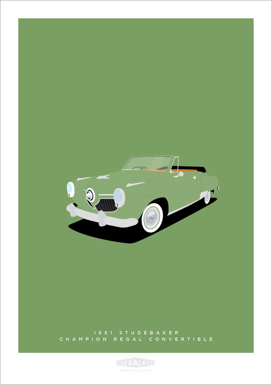 A beautiful hand drawn print of a classic green 1951 Studebaker Champion convertible on a green background.