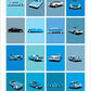 A blue themed original car poster showcasing 16 classic cars,  including Porsche, Ferrari, Mercedes Benz, Studebaker, Cadillac, Buick, Jaguar, Alfa Romeo, Lamborghini and more. 
